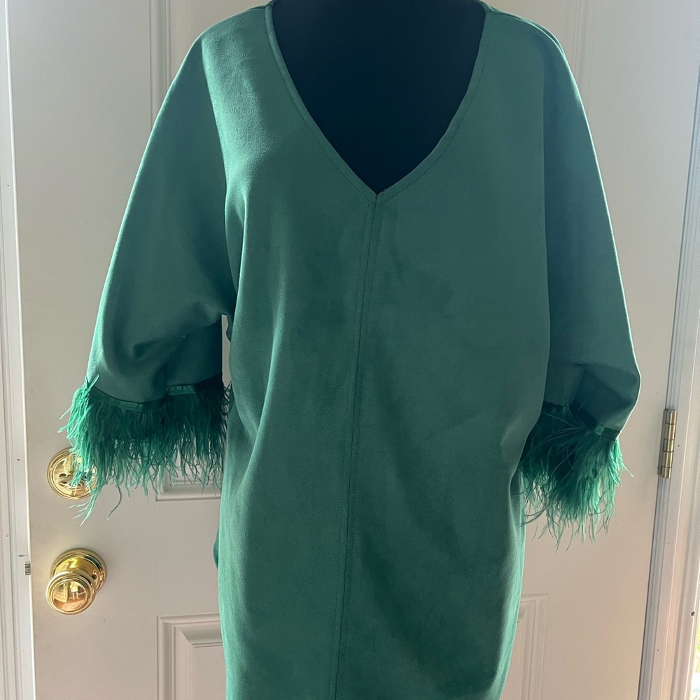 Green Top with Feathered Sleeves